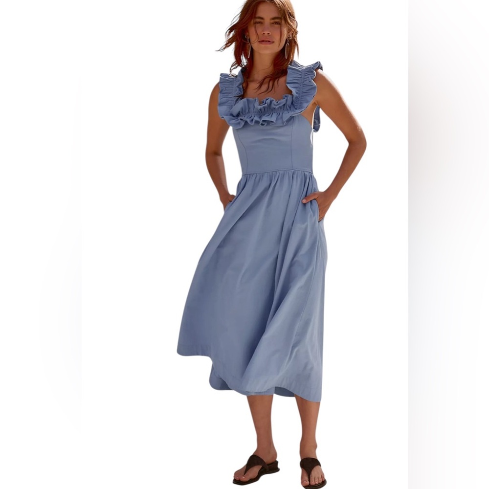 Free People Free-est Ruffle It Up Midi Dress in a blue cotton XL